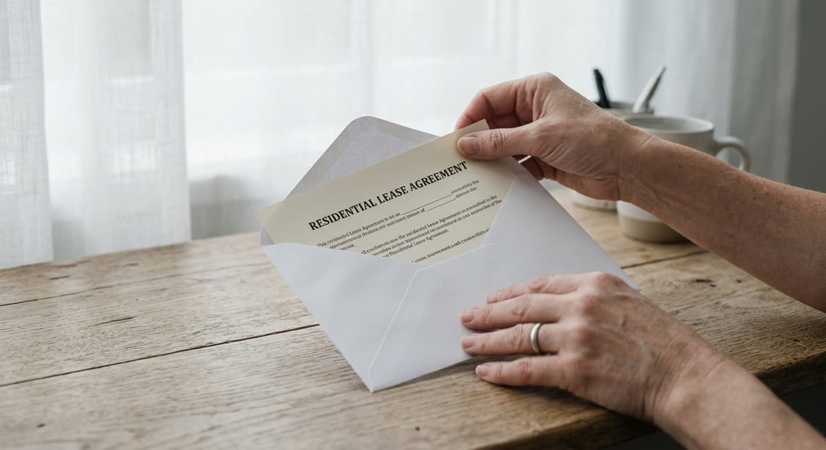 hands placing a document into a white envelope
