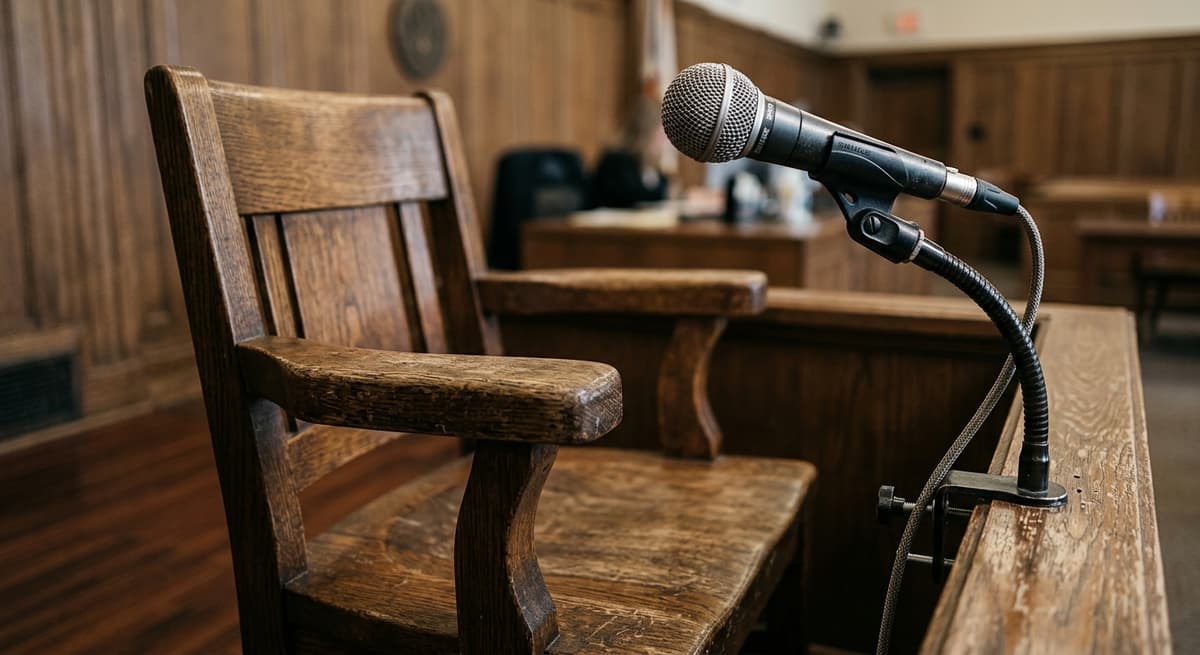 witness chair in a courtroom with a microphone