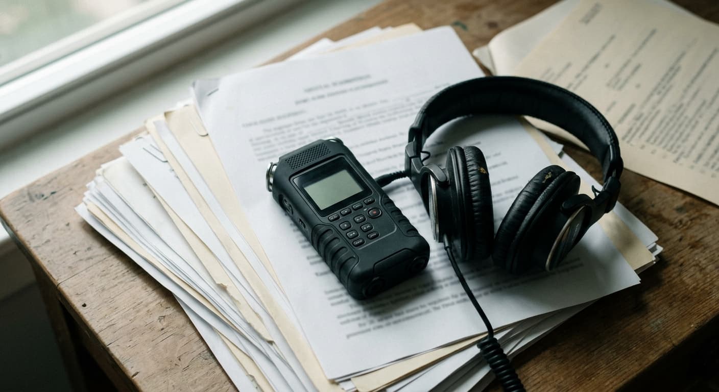Digital voice recorder and headphones resting on a stack of legal documents, representing recorded evidence in court proceedings
