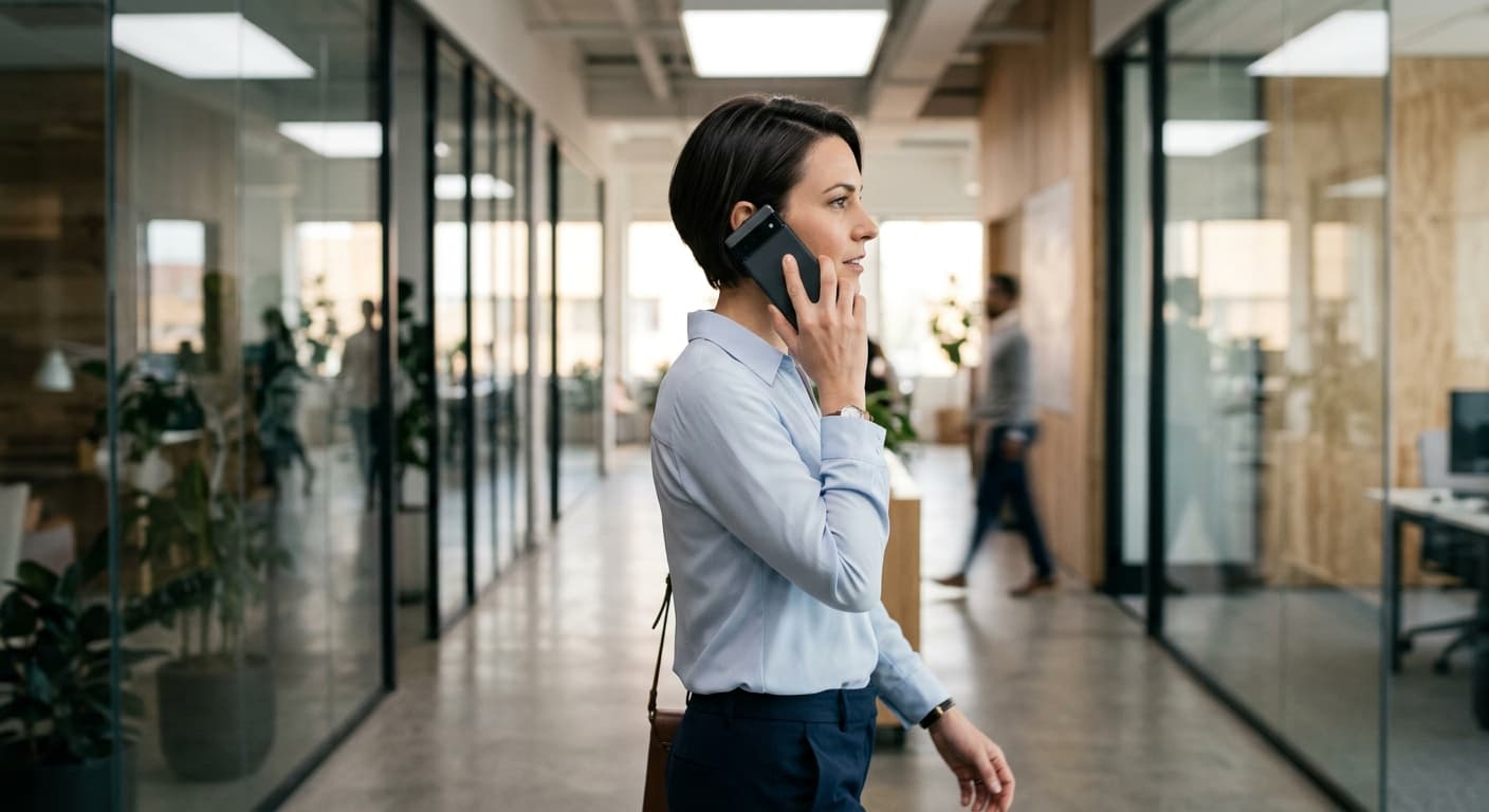 Businesswoman on a phone call in an office; in two-party consent states every participant must agree before a call can be recorded