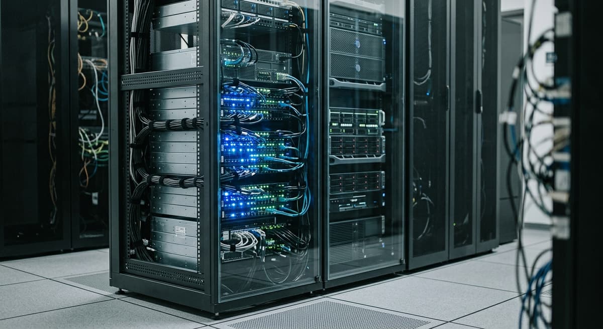 server rack with blinking blue and green leds