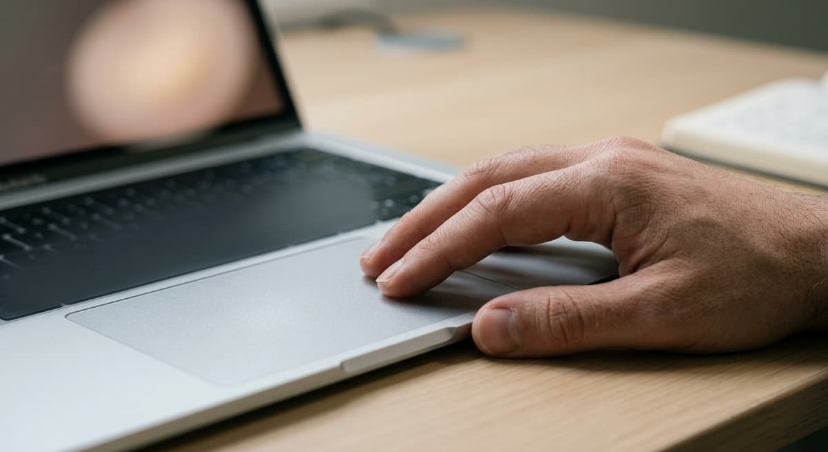 A hand resting near a laptop trackpad, the screen a plain abstract glow with no readable interface, clean desk