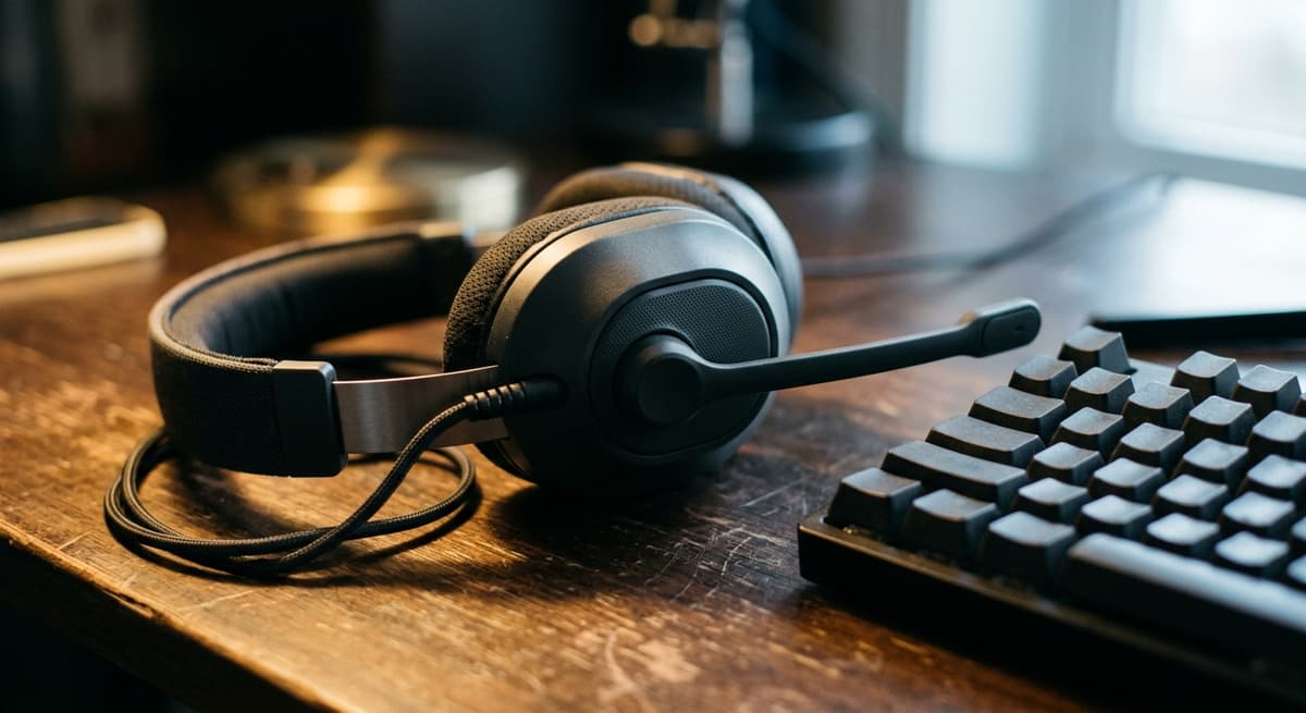 Close-up of a headset with a microphone boom resting on a desk beside a keyboard, soft lighting