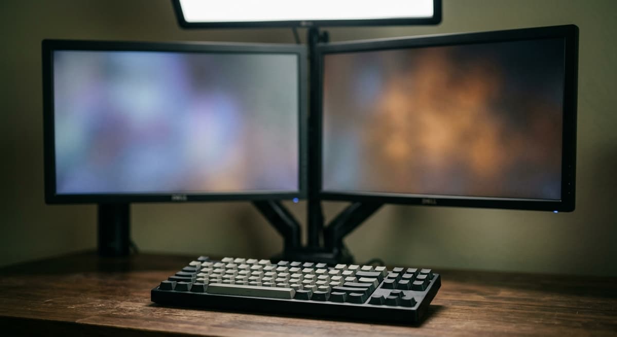 Two monitors on a desk both showing soft abstract glows with no readable content, a keyboard in front