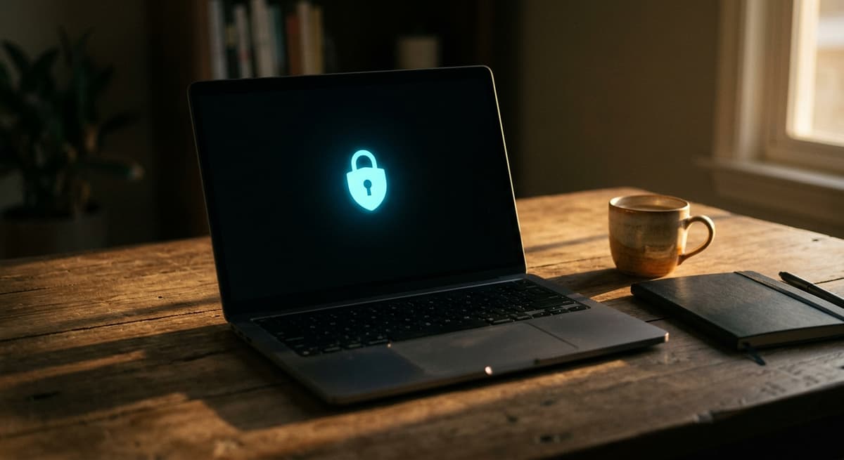 A laptop screen showing a single glowing padlock-shield glyph icon on a dark background, no text, minimal desk