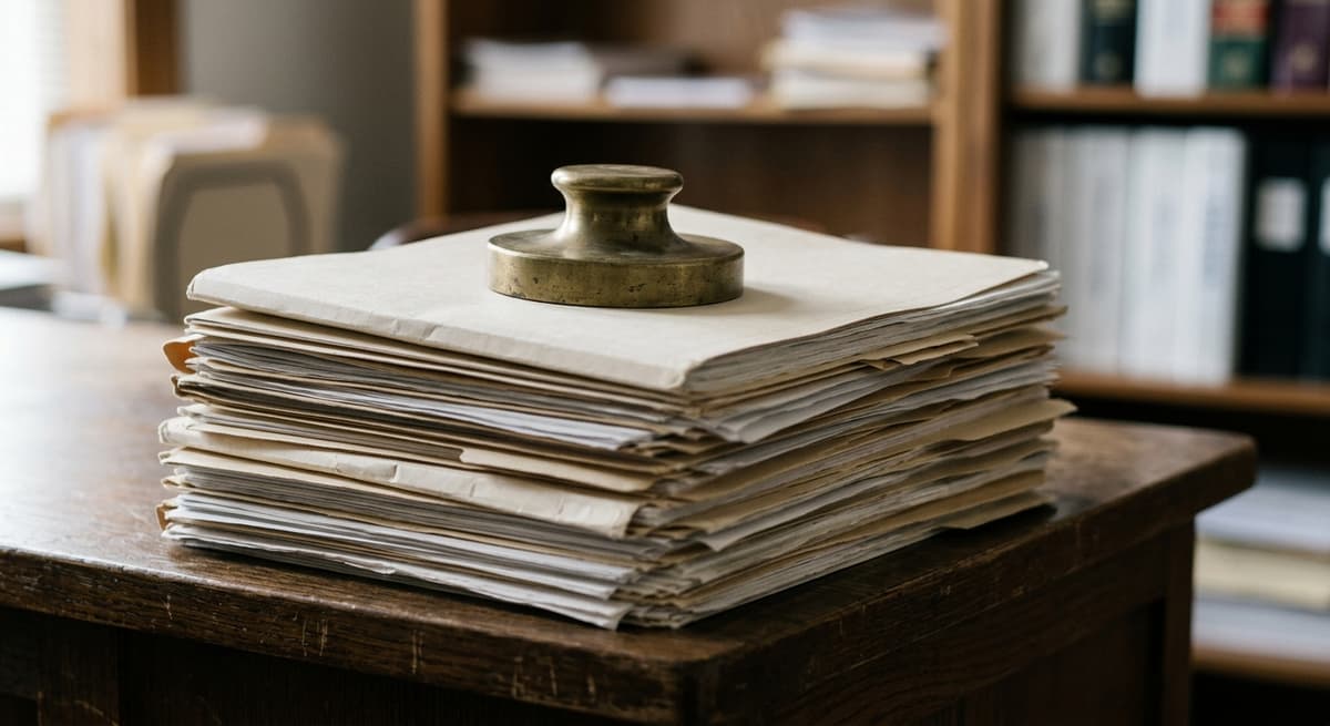 Stack of legal briefs and case files on a desk corner with a brass paperweight on top