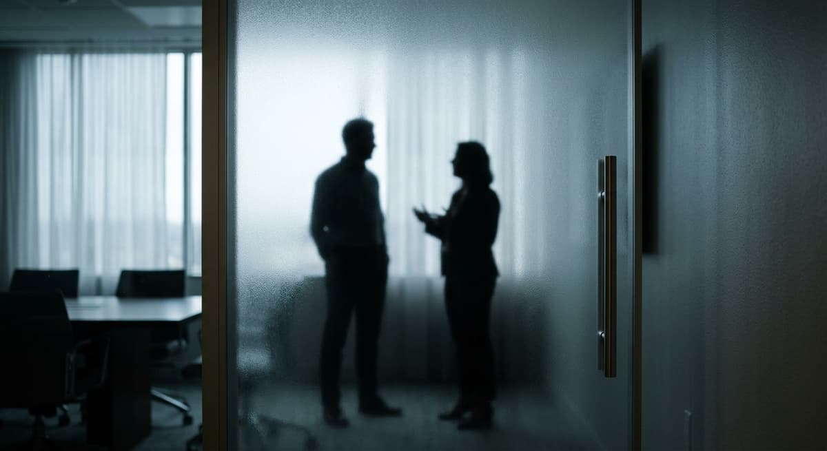 Two office-worker silhouettes visible through a frosted glass conference room door, backlit