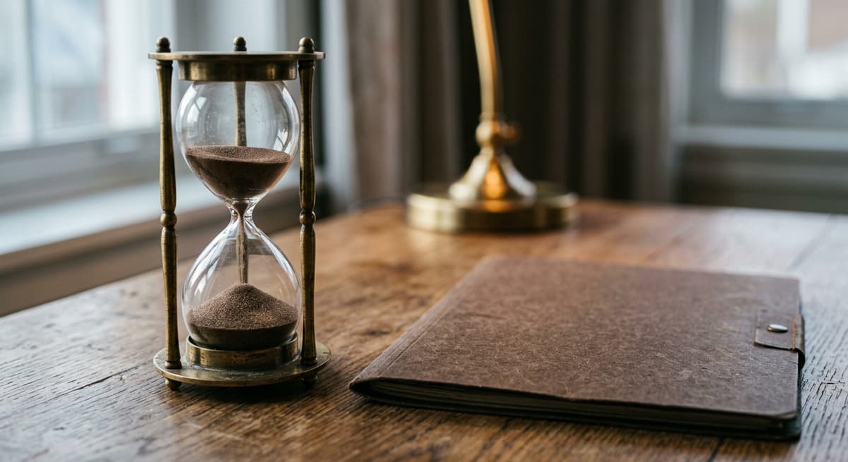 an hourglass on a desk beside a closed folder in soft window light