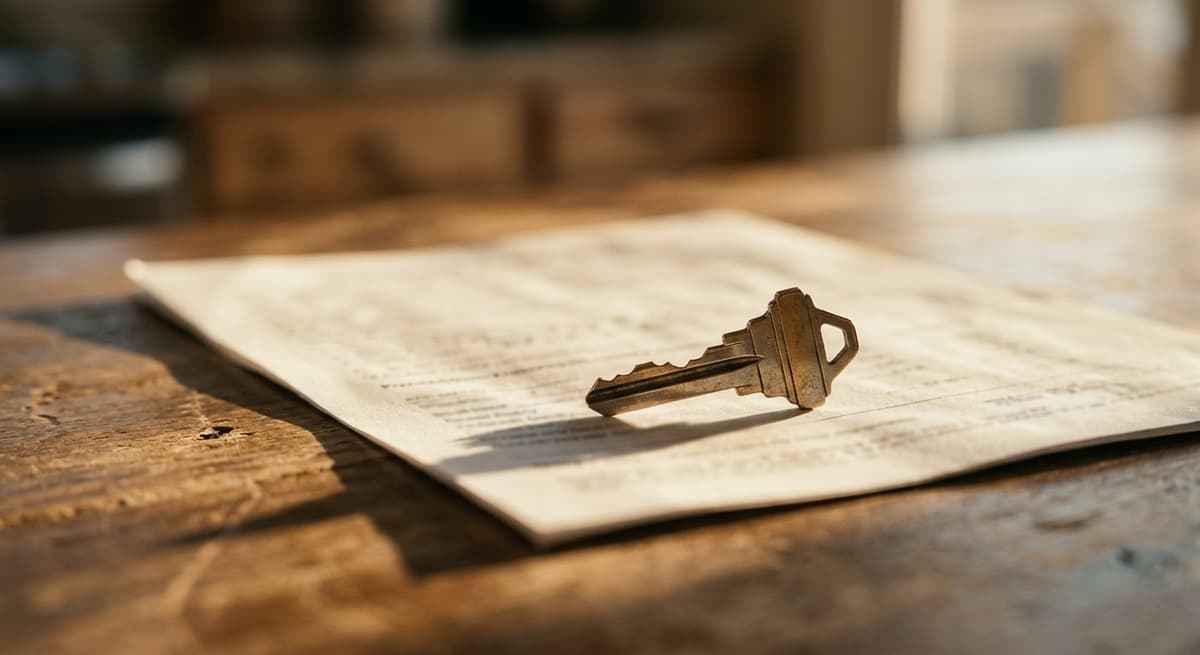a house key resting on a printed property document on a counter