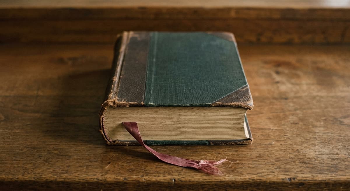 a closed law book with a faded ribbon marker resting on a bench