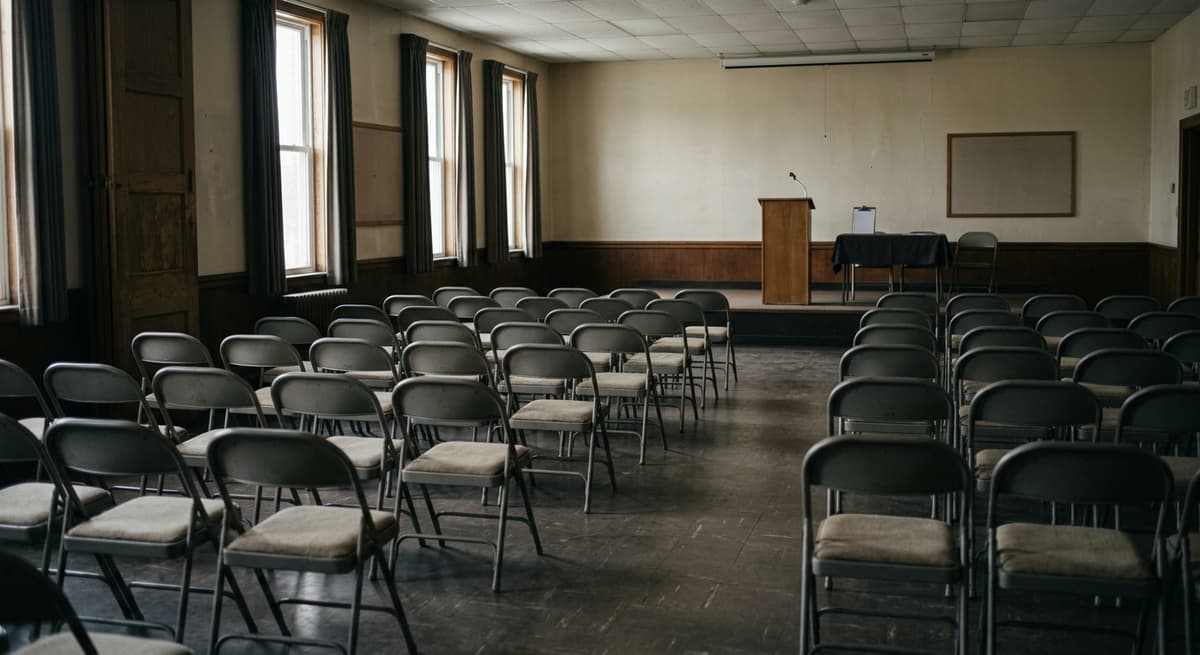 a union hall meeting room with rows of empty folding chairs