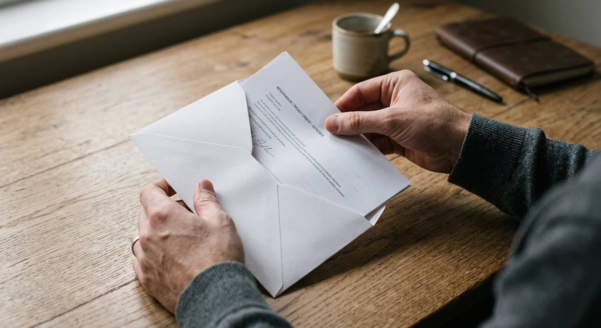 hands placing a document into a white envelope