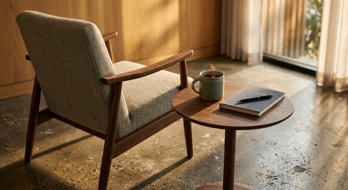 modern office reception area with a single chair and small table