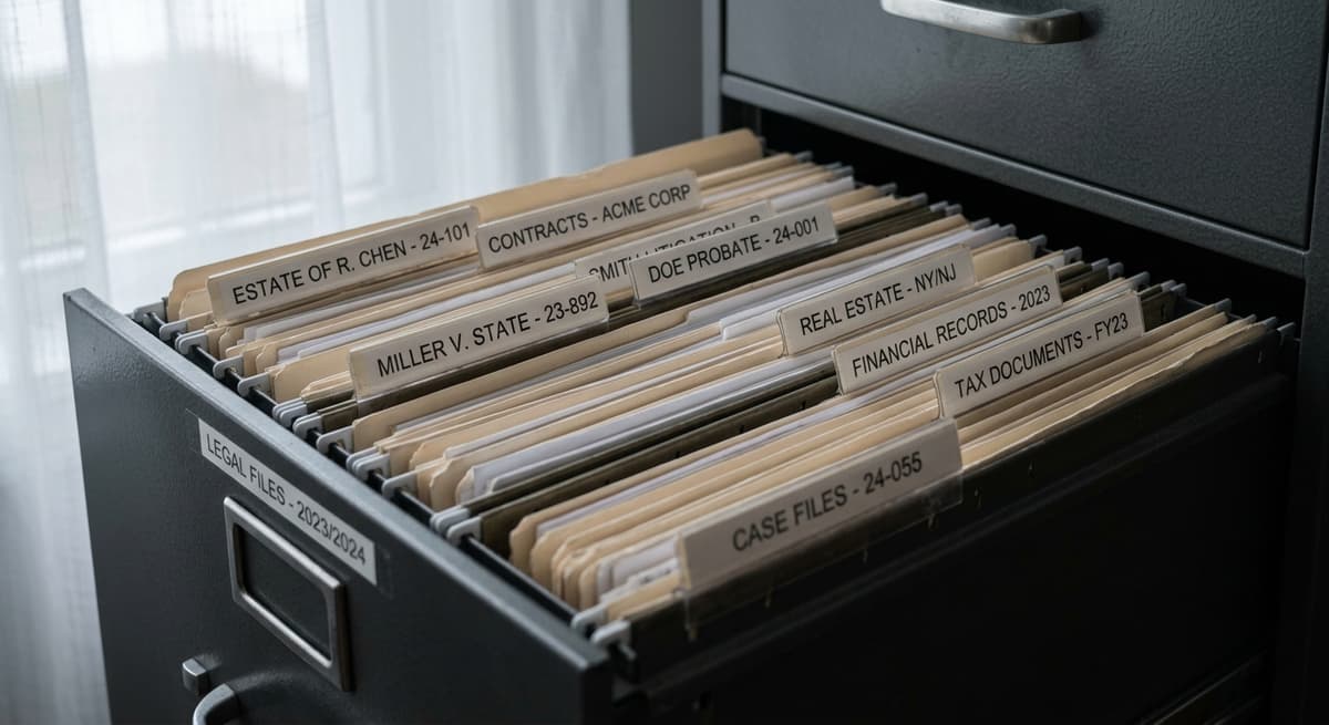 bill of sale: filing cabinet with organized legal folders
