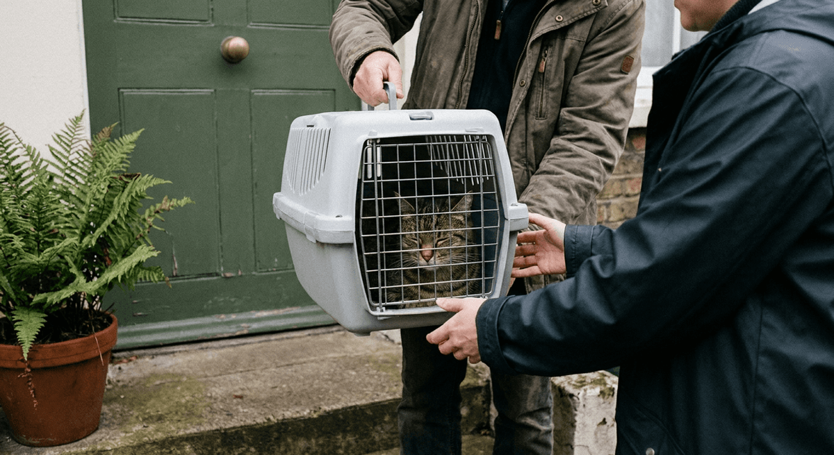 A person hands a grey pet carrier with a tabby cat to a buyer on a doorstep