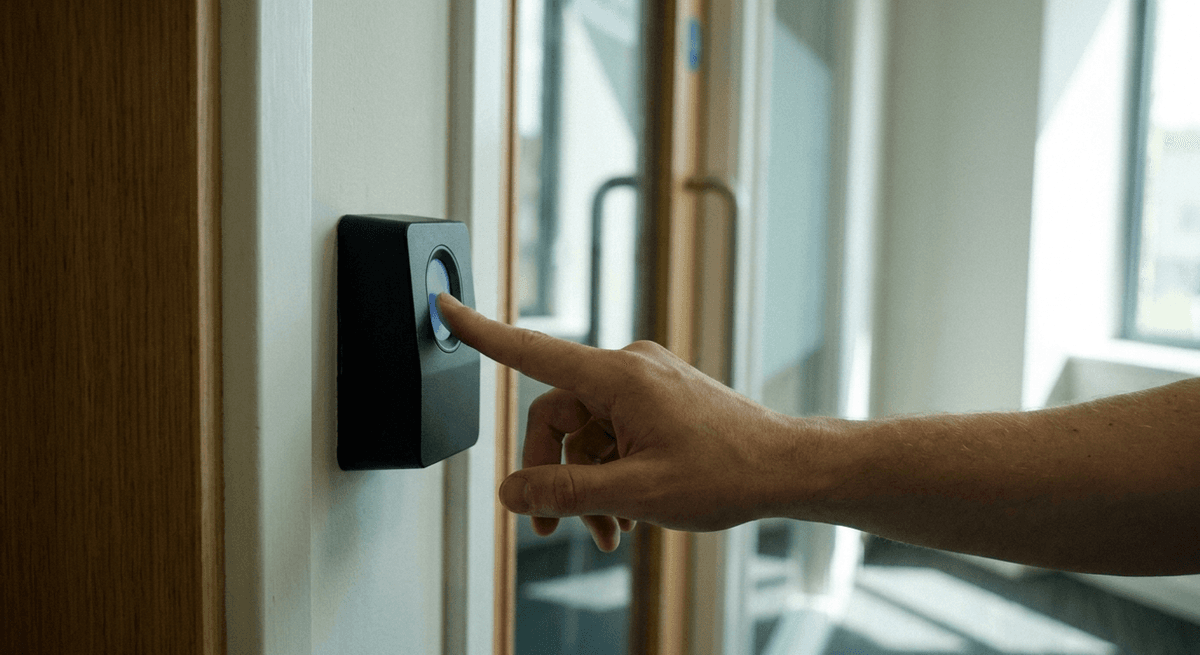 Fingertip on a plain black wall-mounted fingerprint reader with a soft blue glow beside an office door