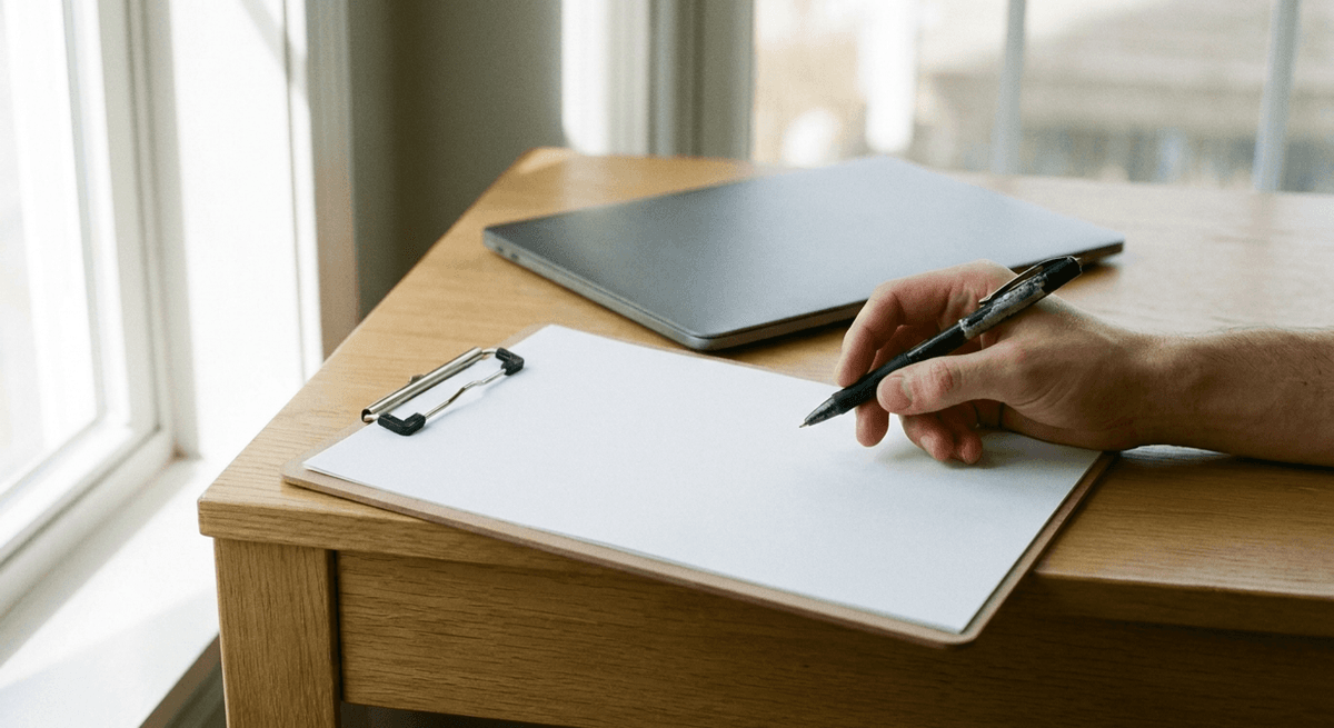 A hand with a pen about to sign a blank sheet on a clipboard beside a closed laptop