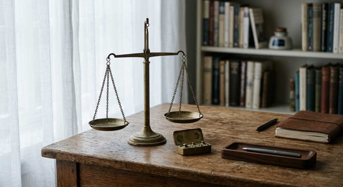 a brass set of balance scales on a wooden desk