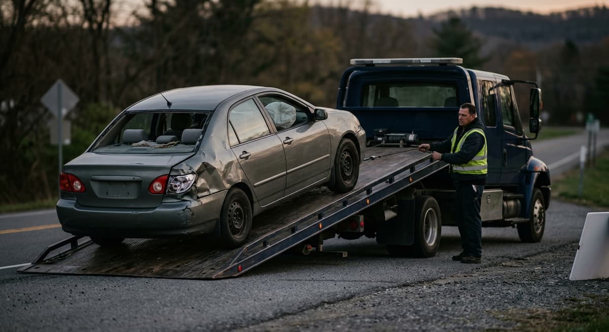 a tow truck loading a damaged car on a roadside at dusk