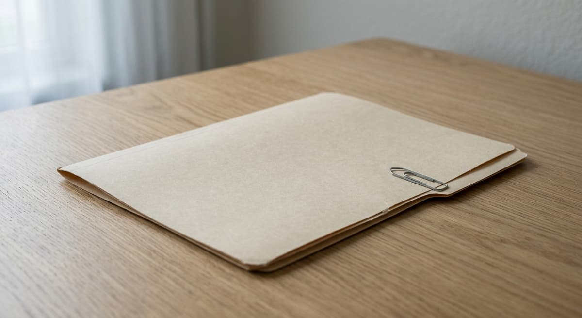 a closed manila folder with a paper clip on a clean desk