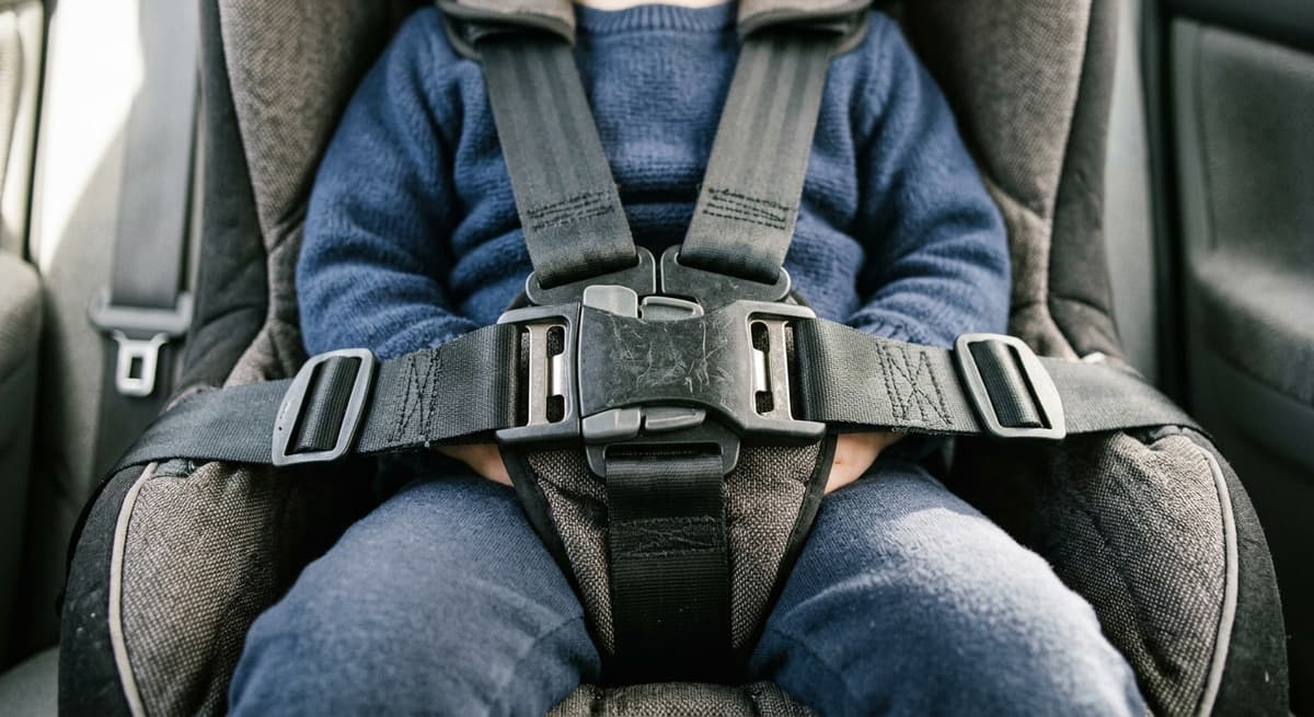 Close-up of a five-point harness buckle clasped on a child car seat