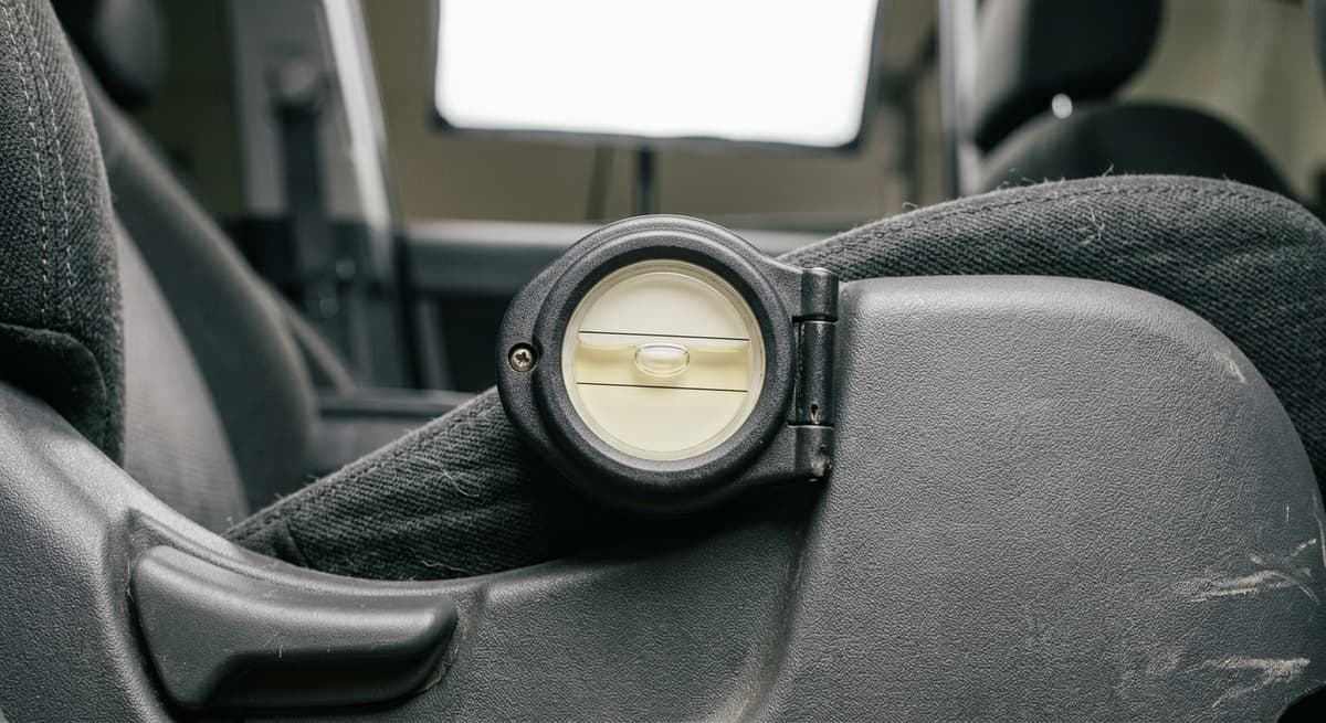 A recline angle bubble-level indicator on the side of a car seat, blank dial