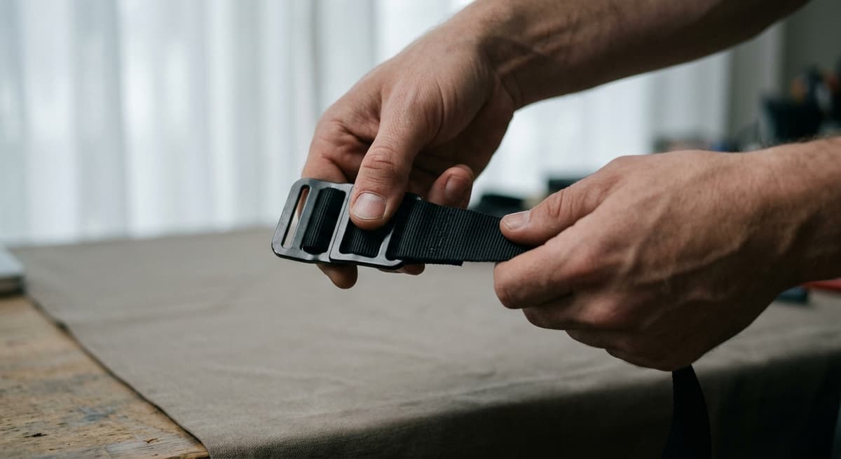 Two hands threading a harness strap through the slot, cropped at the wrist