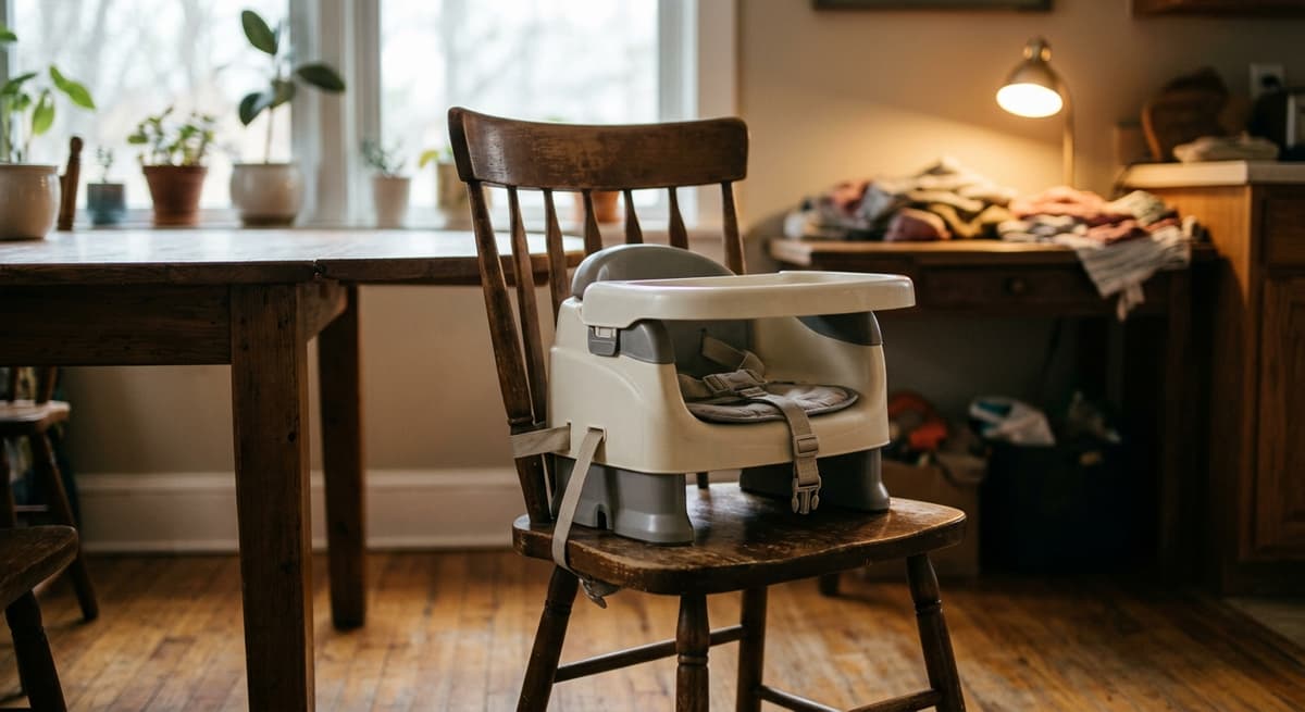 An empty booster seat on a kitchen chair, soft daylight