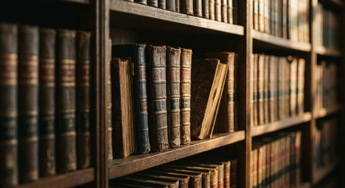 a quiet law library aisle with tall shelves of bound legal volumes