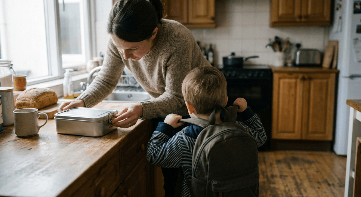 a mother packing a metal lunchbox in the kitchen while her young child pulls on a backpack