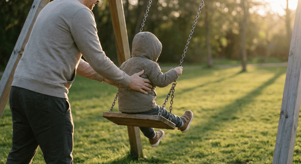 Parent pushing a toddler on a wooden playground swing in late-afternoon light, seen from behind