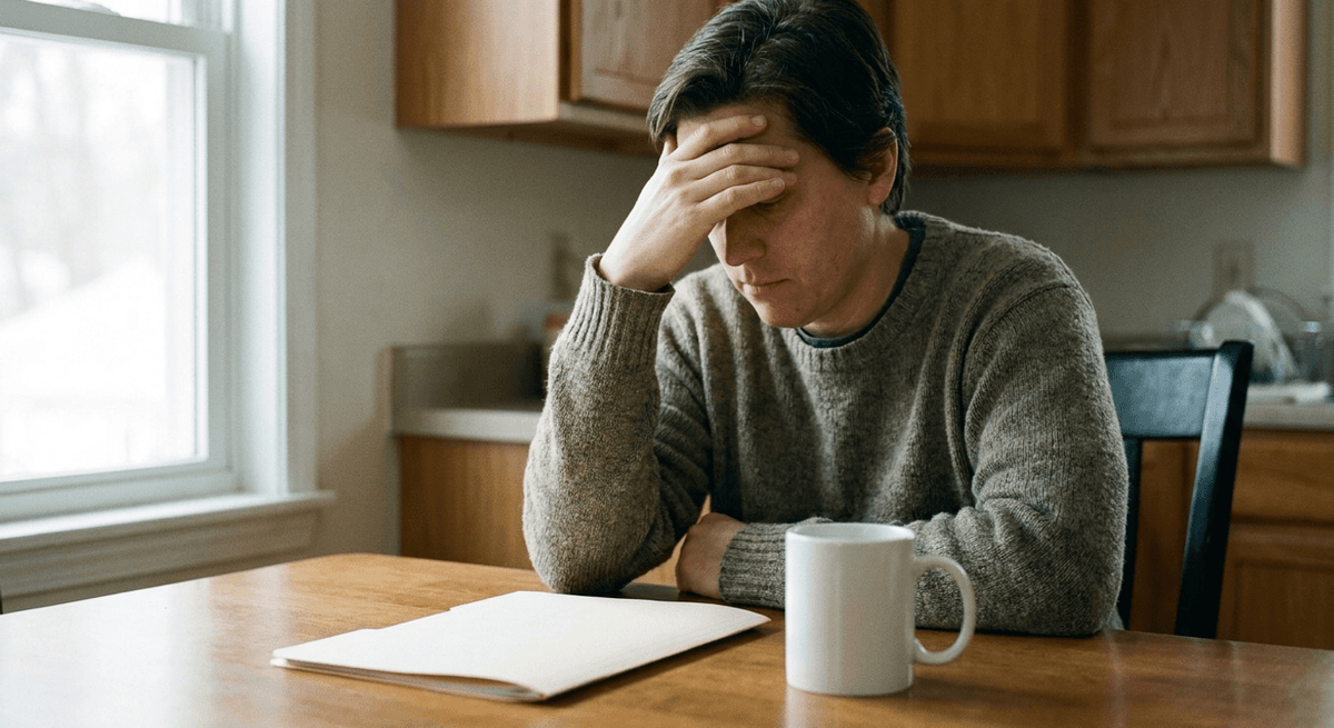 Parent resting a hand on their forehead at a kitchen table with a closed folder and a mug