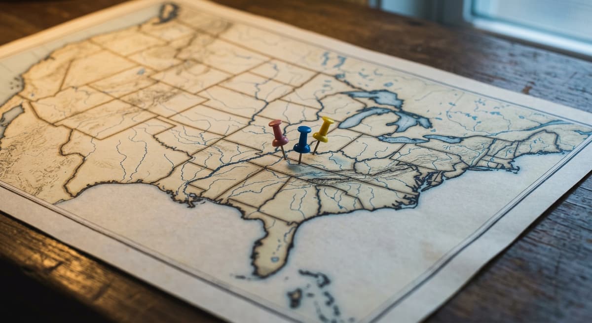 a printed map of the United States on a desk with a few small colored pins