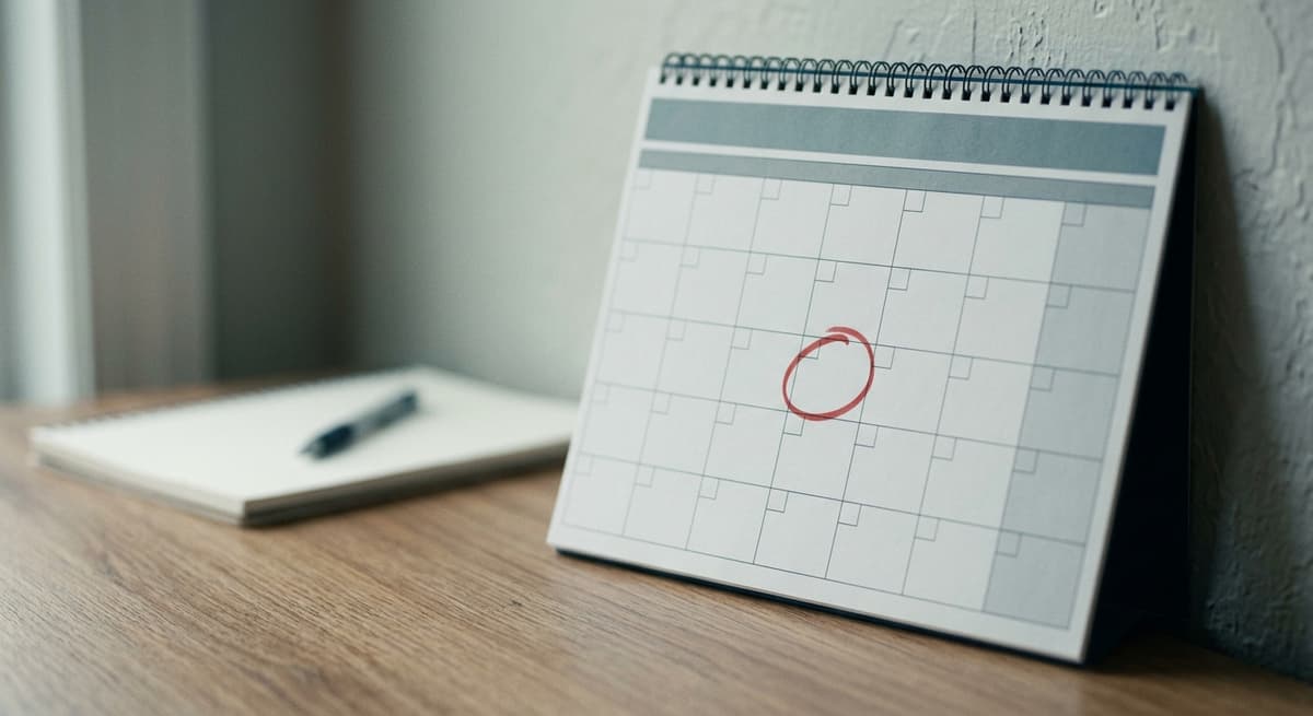 a wall calendar with one date circled in red marker on a desk