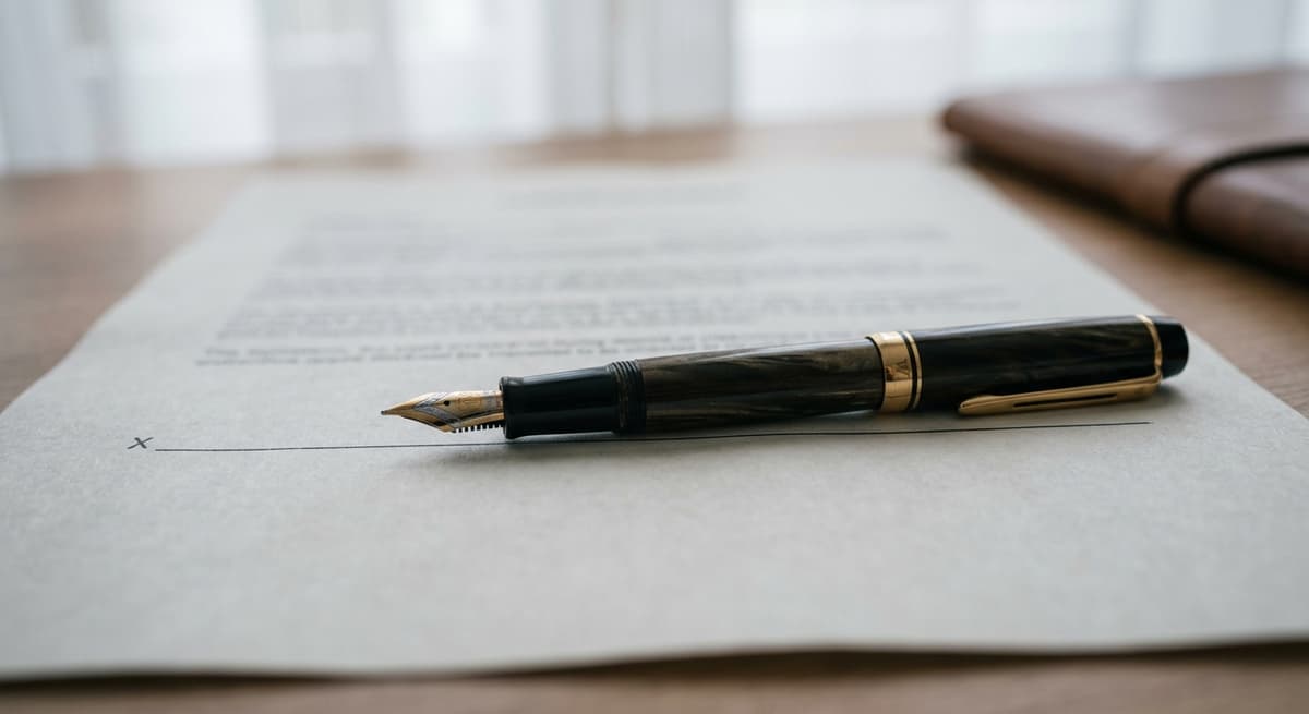a fountain pen resting on the signature line of a printed document