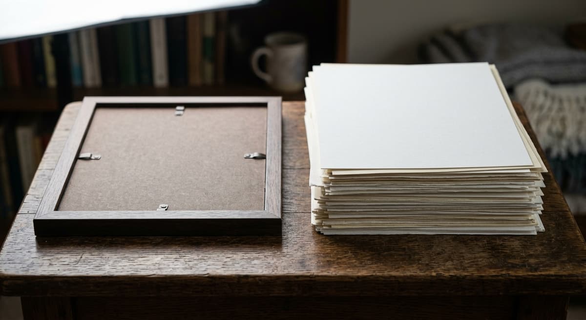 a framed photo lying face down beside a neat stack of documents on a side table