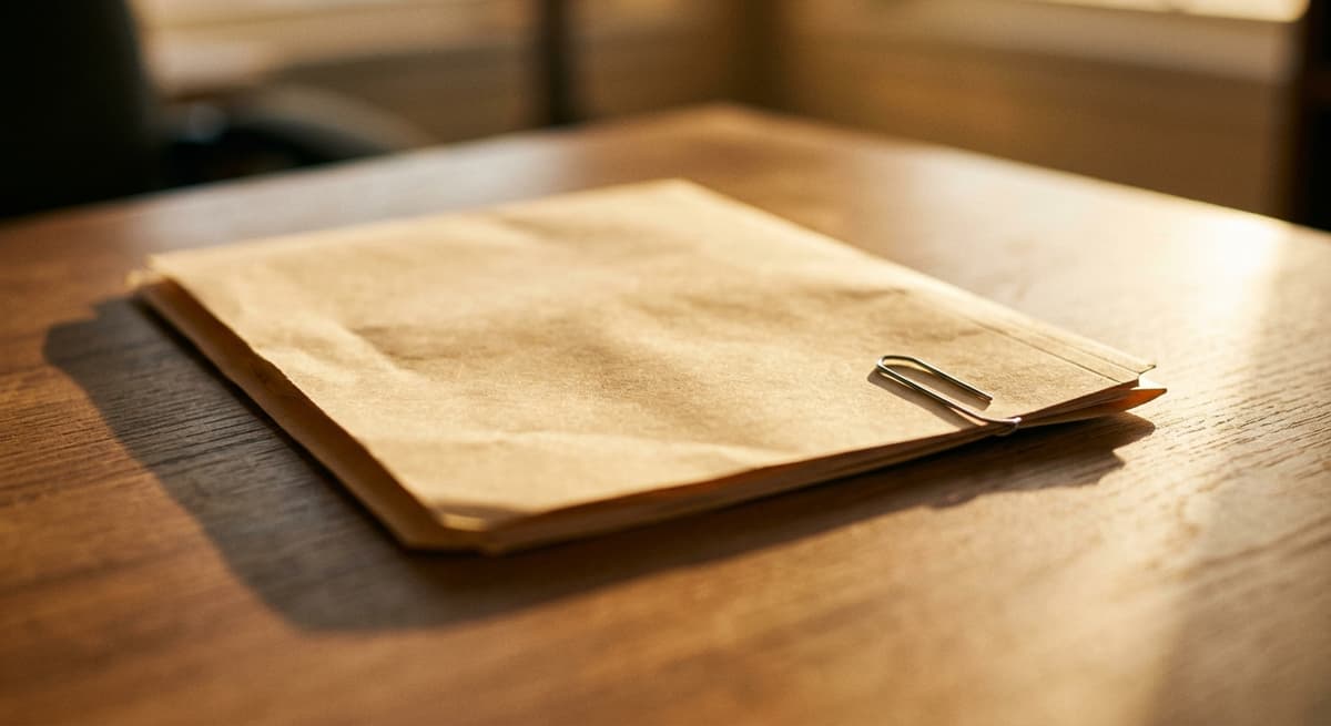 a closed manila folder with a paper clip on a clean desk