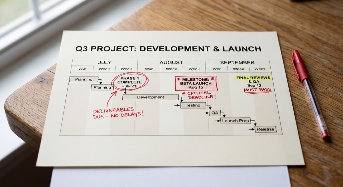 Printed timeline chart with highlighted deadlines and red pen marks showing California's new 30-day and 15-day notification windows