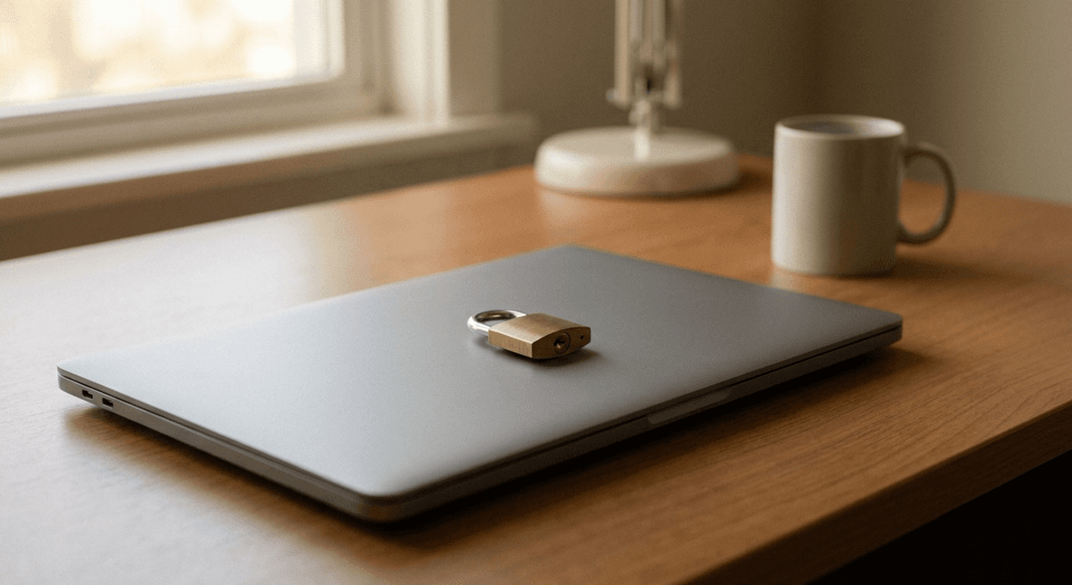 A closed matte-grey laptop with a small brass padlock resting on its lid on a wooden desk