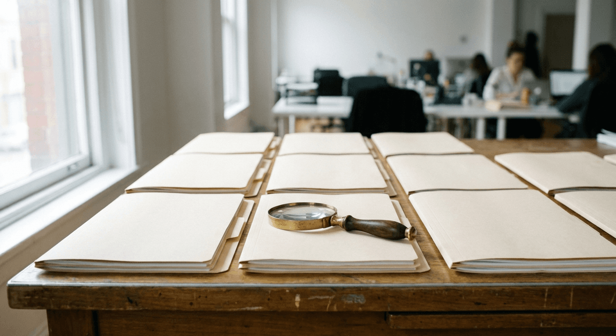 Brass magnifying glass resting on a grid of closed manila folders on a wooden desk