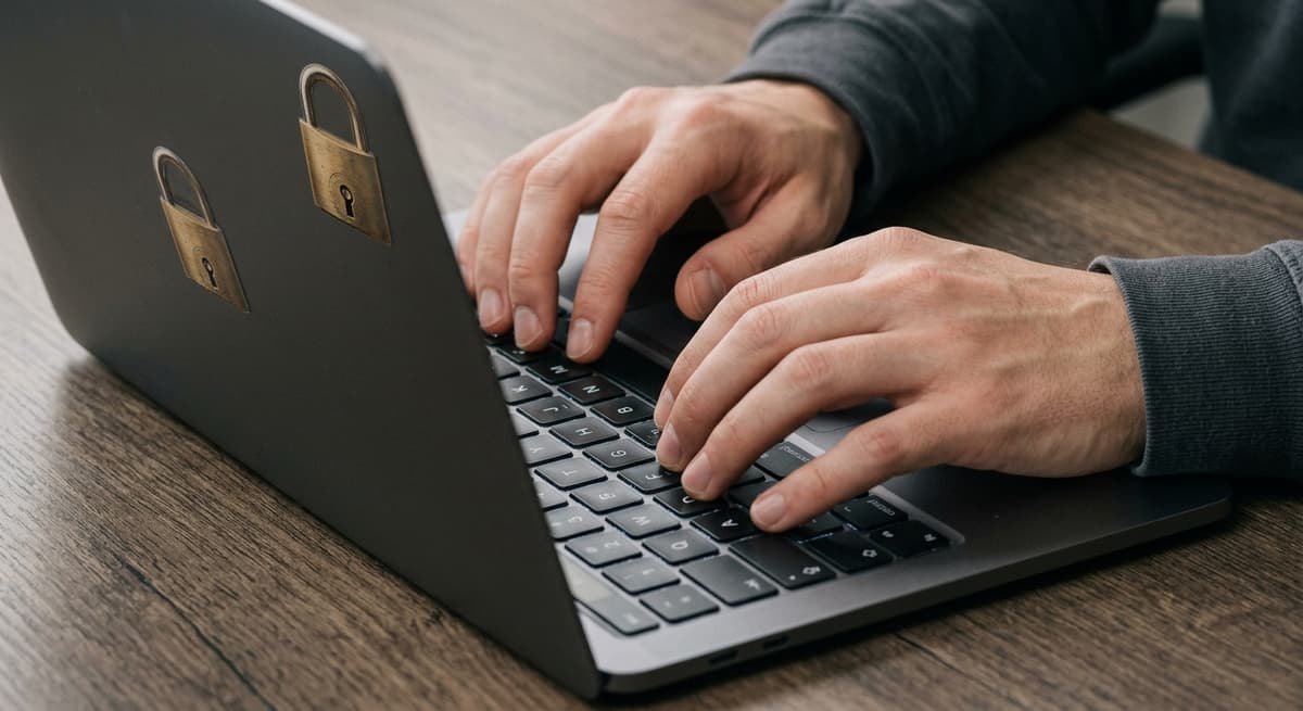 Hands typing on a laptop with a padlock sticker, representing website cookie compliance