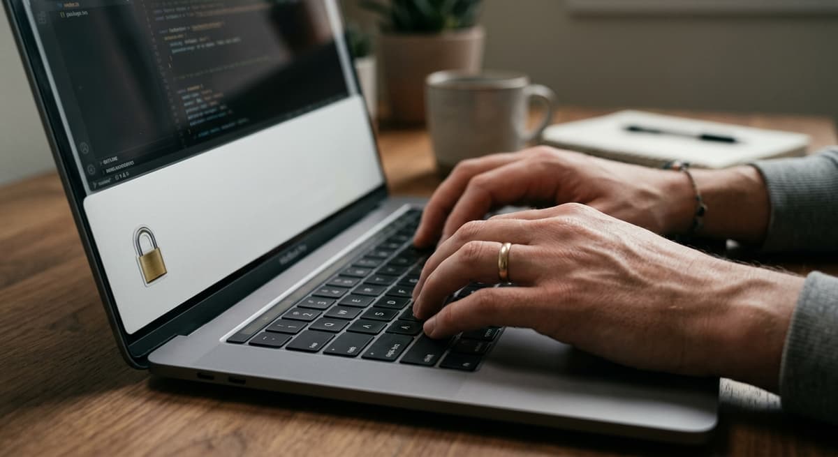 Hands typing on a laptop with a privacy-focused interface, representing GDPR compliance implementation