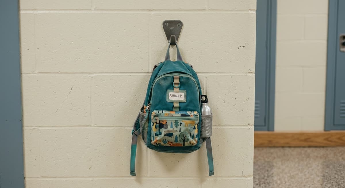 World child-sized backpack hanging on a wall hook in a school hallway