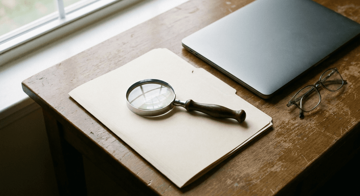 magnifying glass resting on a closed folder beside a laptop