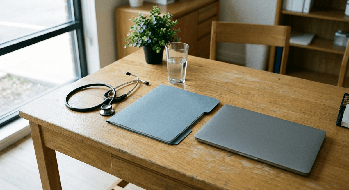 stethoscope coiled on a wooden desk beside a closed blue-grey folder and a closed laptop with a plain grey lid