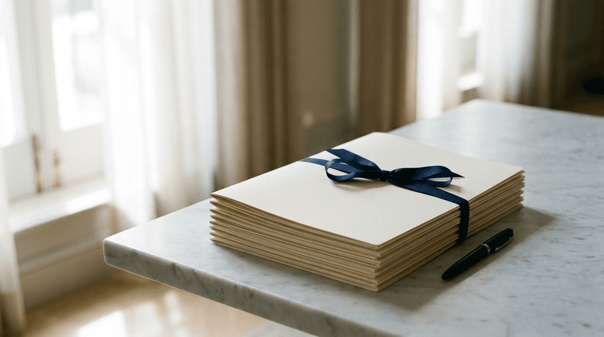 stack of plain cream folders tied with a navy ribbon on a marble table beside a black pen