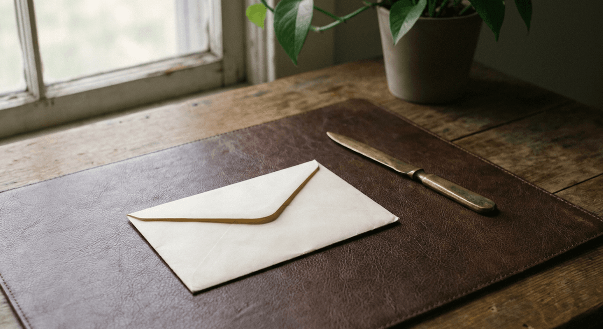 a plain cream envelope with a sealed flap and a brass letter opener on a leather desk pad beside a plant