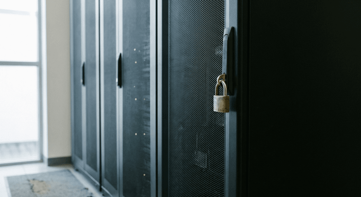 A closed brass padlock on the perforated door of a black server cabinet in a quiet equipment room