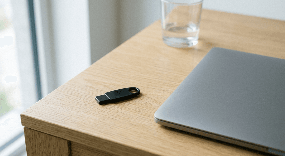 Plain black hardware security key on an oak desk beside a closed grey laptop