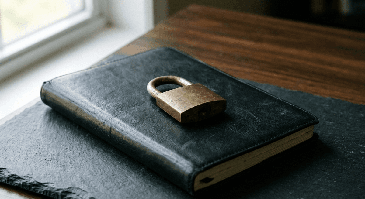 Closed brass padlock resting on a black leather notebook on a dark slate surface